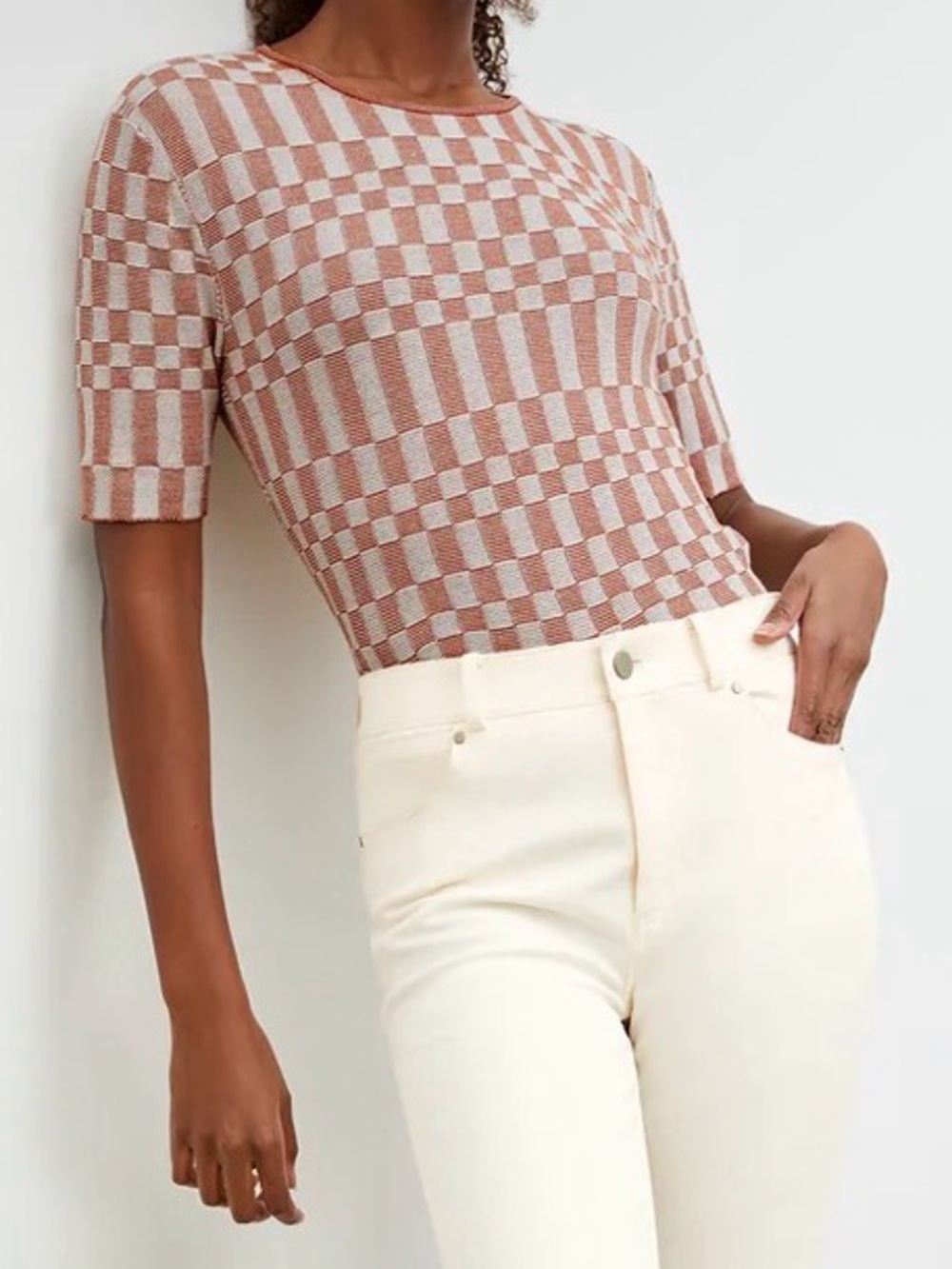 M.M.LaFleur Small Charli Checkered Knit Top Brown Cream Stretch Short Sleeve